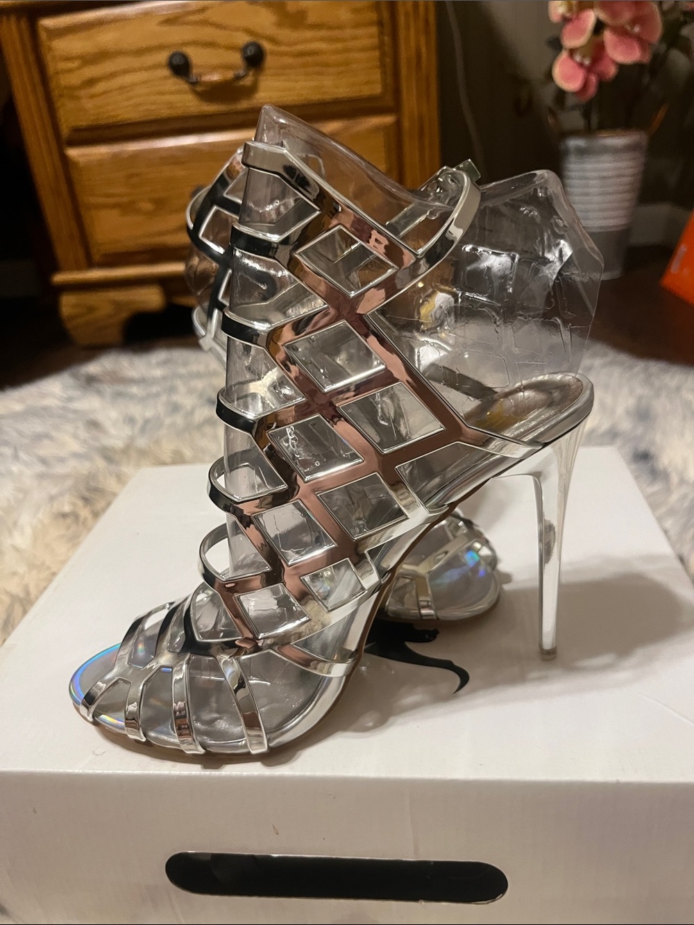 BRAND NEW  SHIEKH Silver Cage Strappy Stiletto Heels
